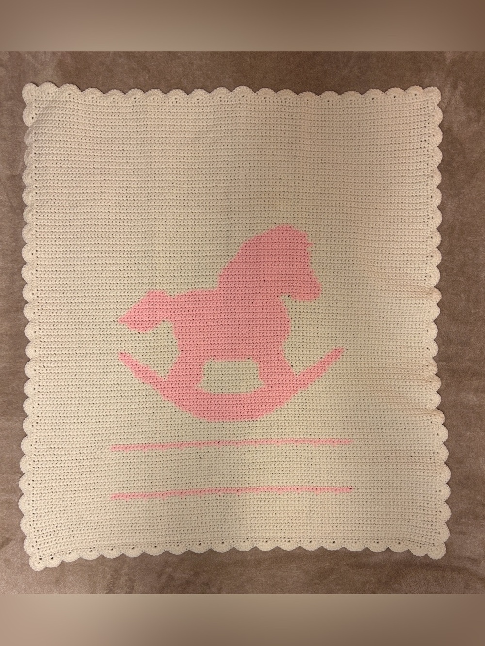 New Handmade Crocheted Baby Blanket with Pink Rocking Horse 39"x35". Never used.